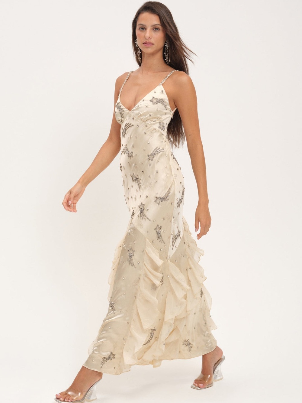 For Love & Lemons Elea Shooting Star Cream Beaded Ruffle Maxi Dress Size Small - Picture 3 of 14